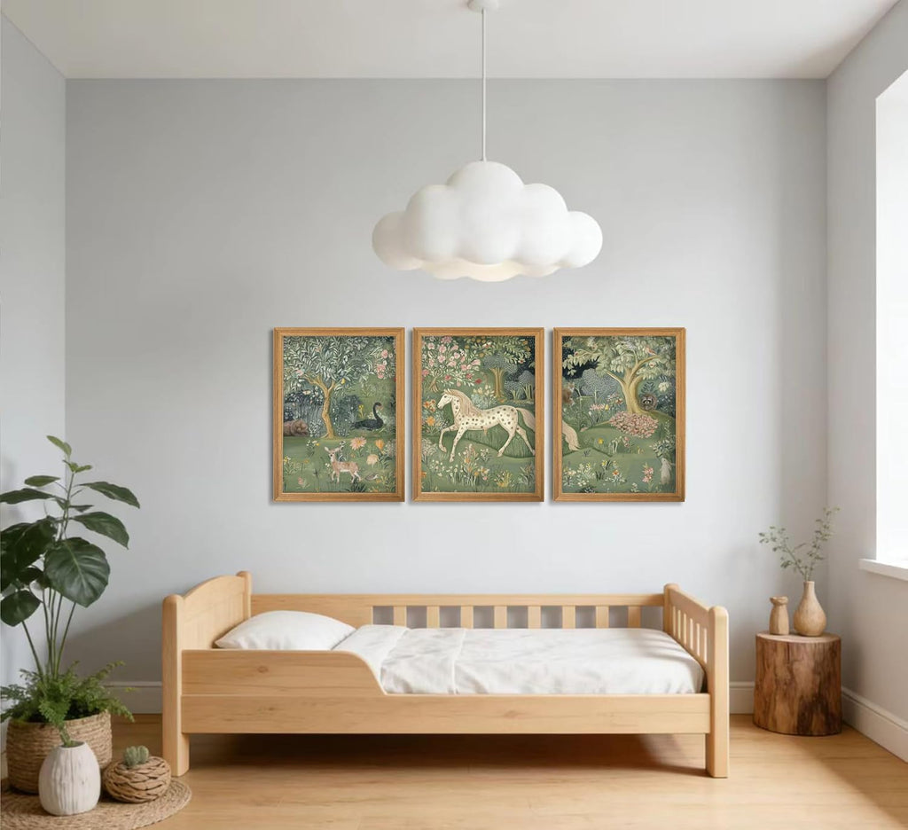 Framed Vintage Woodland Animal Nursery Wall Art Magic Horse Bear Deer Poster Green Fantasy Forest Botanical Pictures