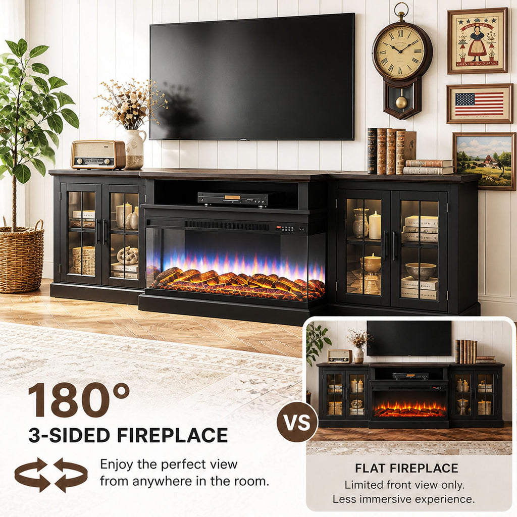 98" Farmhouse TV Stand with Fireplace, Black & Black