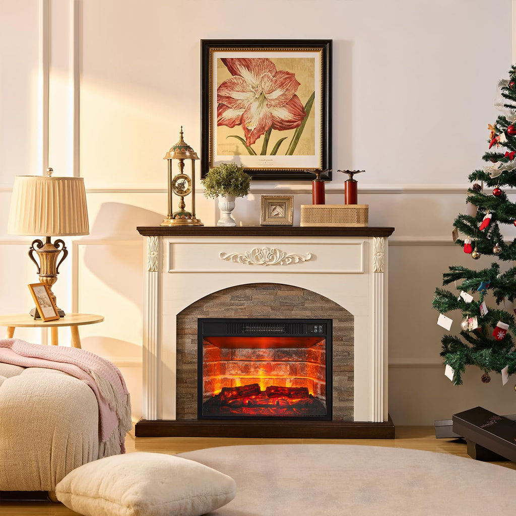 44Inch Electric Fireplace with Mantel, White Fireplace Heater with LED Flame, Corner Firebox with 23" Red Brick Firep