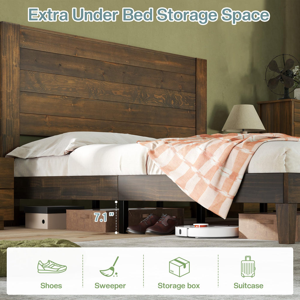 Solid Wood Farmhouse Bed Frame with High Headboard