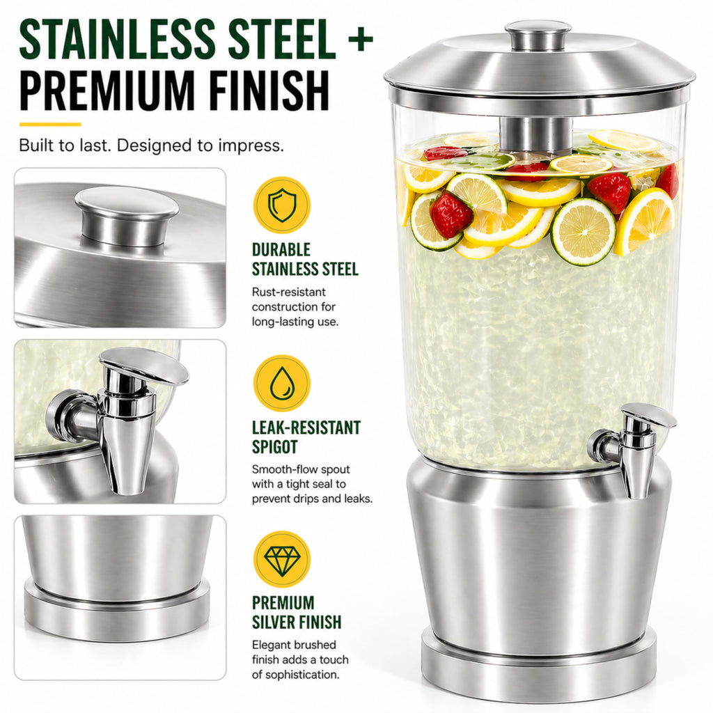 Drink Dispenser with Ice Chambers, Lemonade Tea Water Dispenser with Spigot, Stainless Steel Beverage Jar Jug