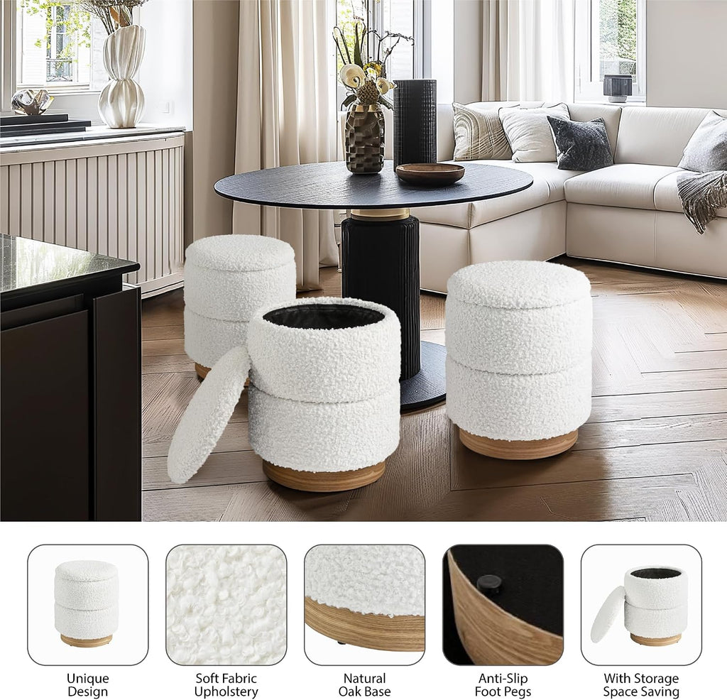Round Ottoman with Storage, Modern Boucle Ottoman Upholstered Foot Stools with Wood Base, Vanity Stool Chair