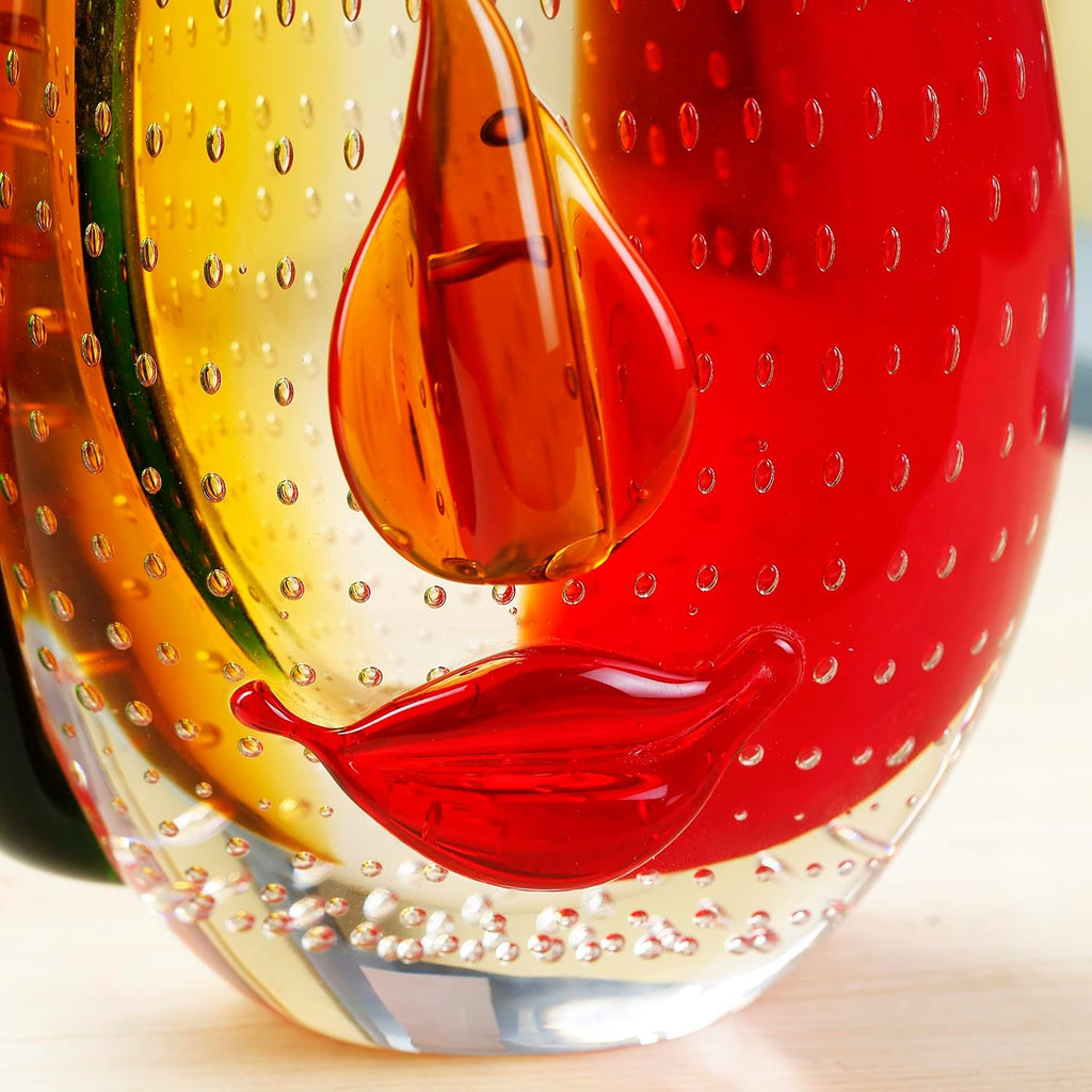Murano-Style Art Glass Vase with a Face - 12.6" Tall Mouth-Blown Artistic Sculpture with Vibrant Colors & Accents