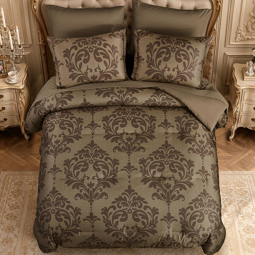 Queen Luxury Comforter Set Dark Brown 7 Piece Boho Damask Bedding