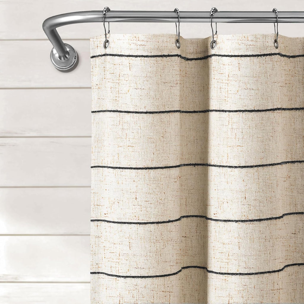 Striped Linen Shower Curtain , Black and Beige 72 W x 72 H | Boho Farmhouse Neutral Tan Bath Curtain