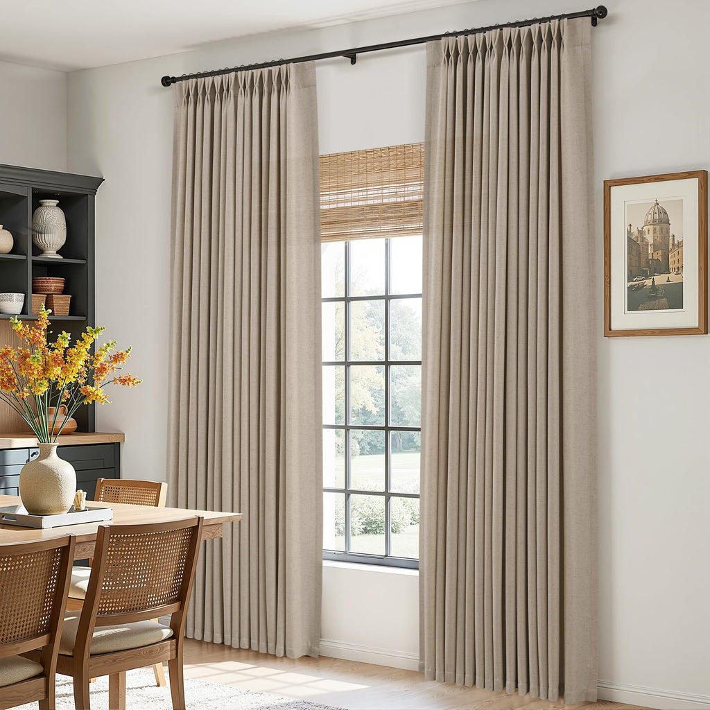 Eggshell Beige Extra Long Linen Pinch Pleated Curtains 108 Inches Long Pinch Pleat Drape Hooks Rings Back Tab Semi