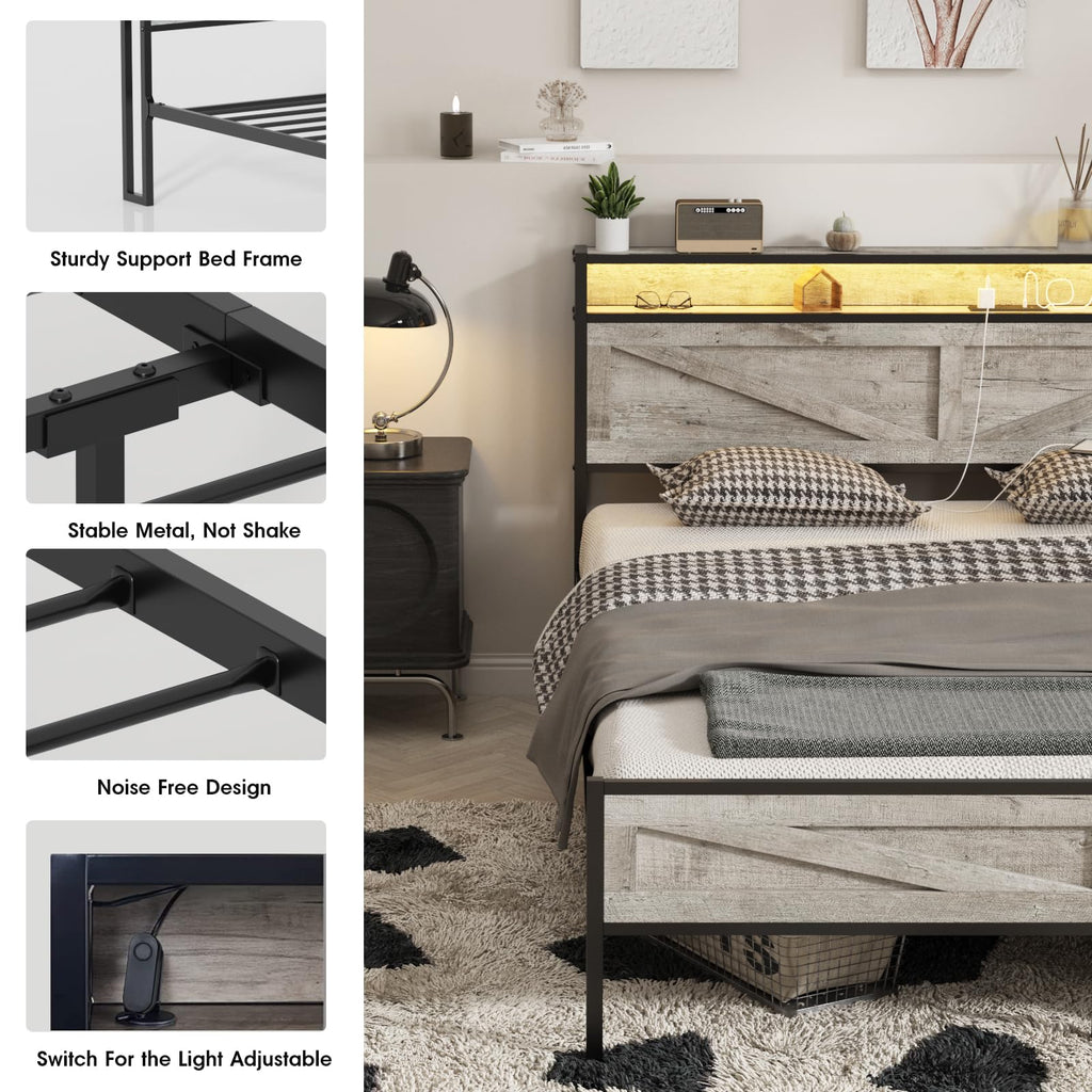 Bed Frame with Charging Station, Platform Metal Bed with Headboard & Led Light, Farmhouse Storage Bed, No