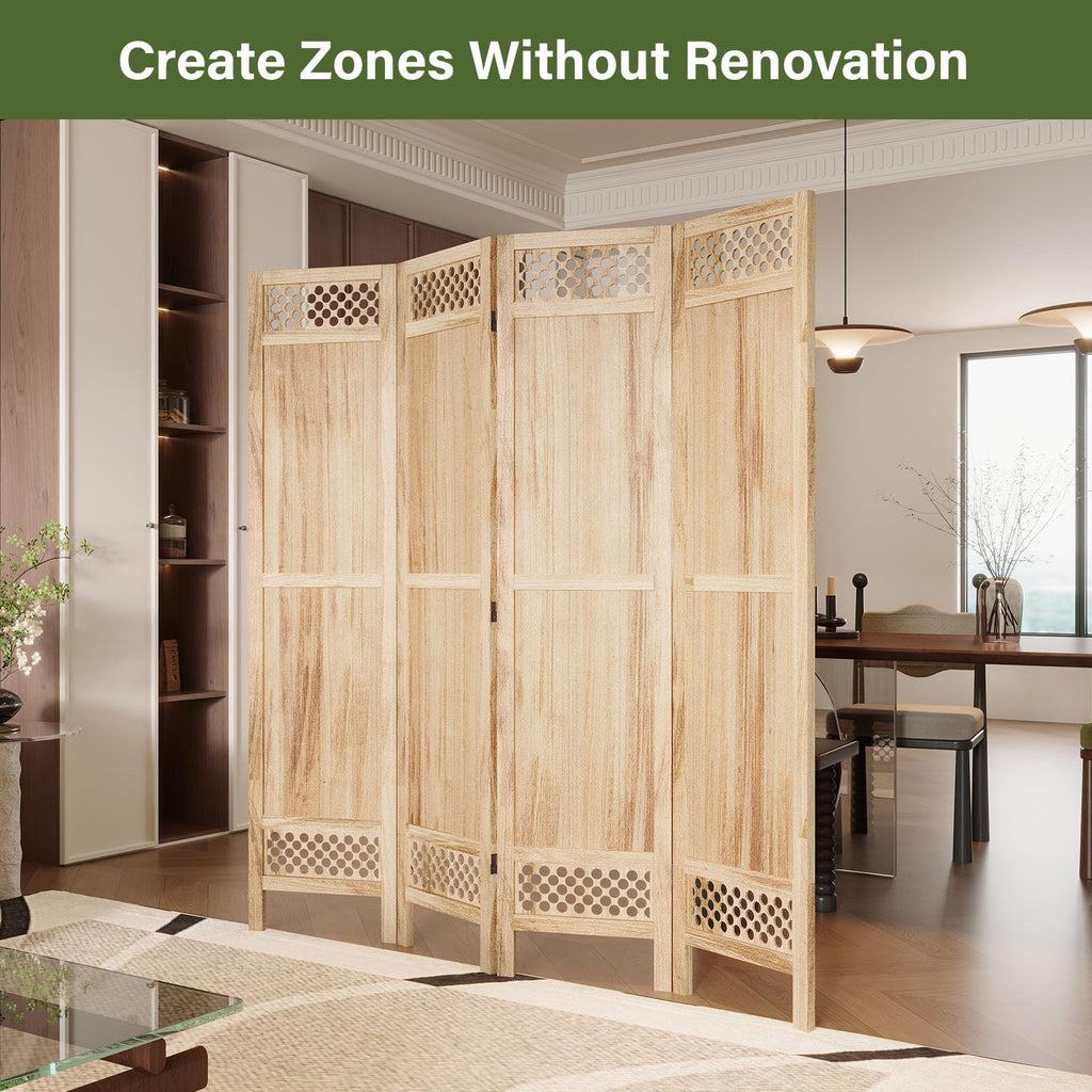 Privacy Screen Room Divider Panel - 67 Inch Tall Natural Wood Folding Partition Room Dividers, No-Assembly Required