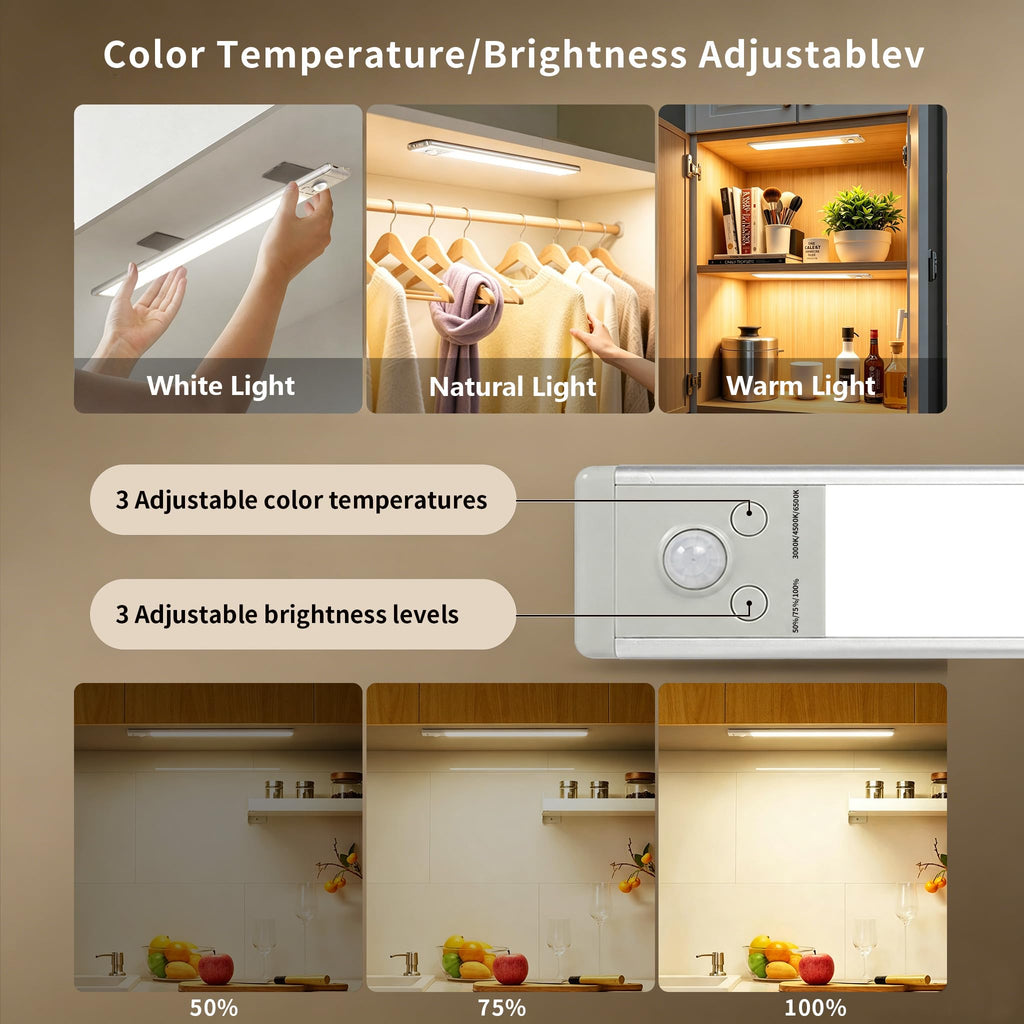 6Pack Under Cabinet Lights Rechargeable Under Cabinet Lighting Wireless Motion Sensor Led Lights Indoor with 3 Color