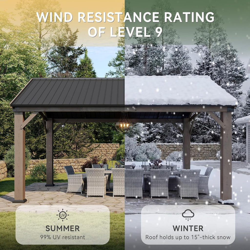 12' x 16' Outdoor Wood Gazebo, Permanent Cedar Wooden Pavilion with Galvanized Steel Hardtop Gable Roof