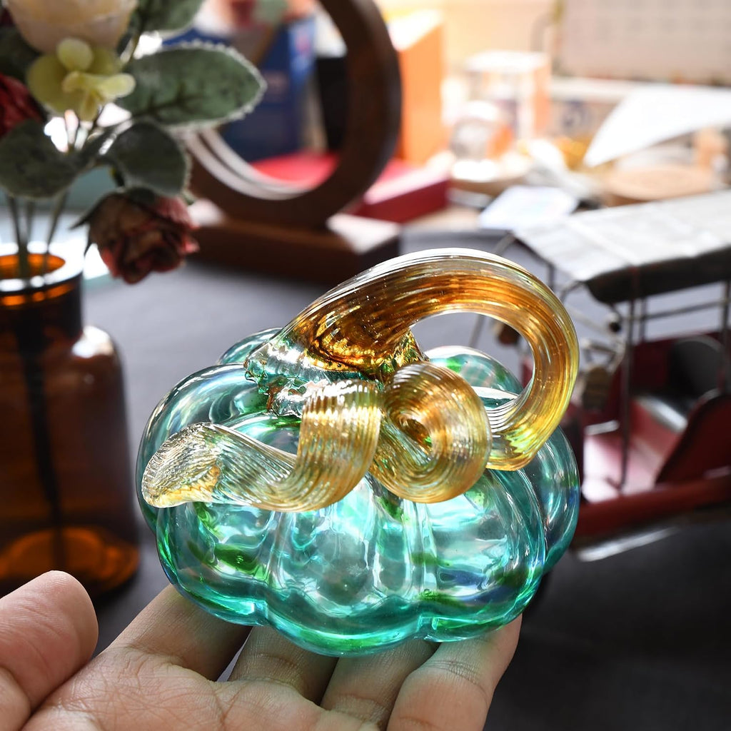Hand Blown Glass Pumpkin Figurines Collectibles, 3.15" Turquoise Blue Crystal Pumpkin Decorations for Fall Harvest