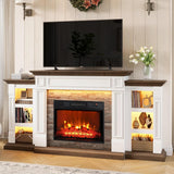 72 Inch Electric Fireplace TV Stand with Mantel and Storage Cabinets, LED Lighting, Stacked Stone Surround and 3D Realistic Flame with Remote Control