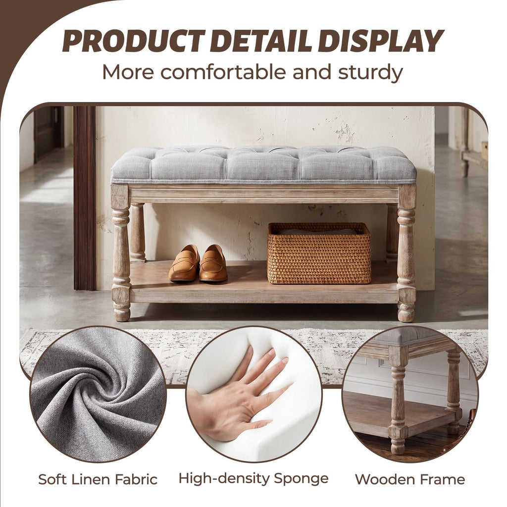 Rustic Wooden Storage Entryway Bench Shoe Rack Bench -1 Seat, Grey
