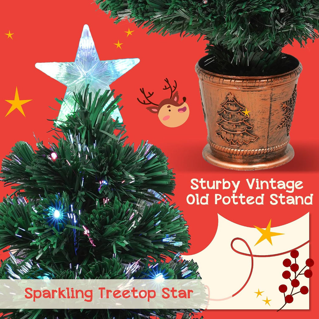 Pre-lit Artificial Christmas Tree 4-Piece Set,Optical Fiber Christmas Garland, Wreath and Set of 2 Pcs 3ft Entrance