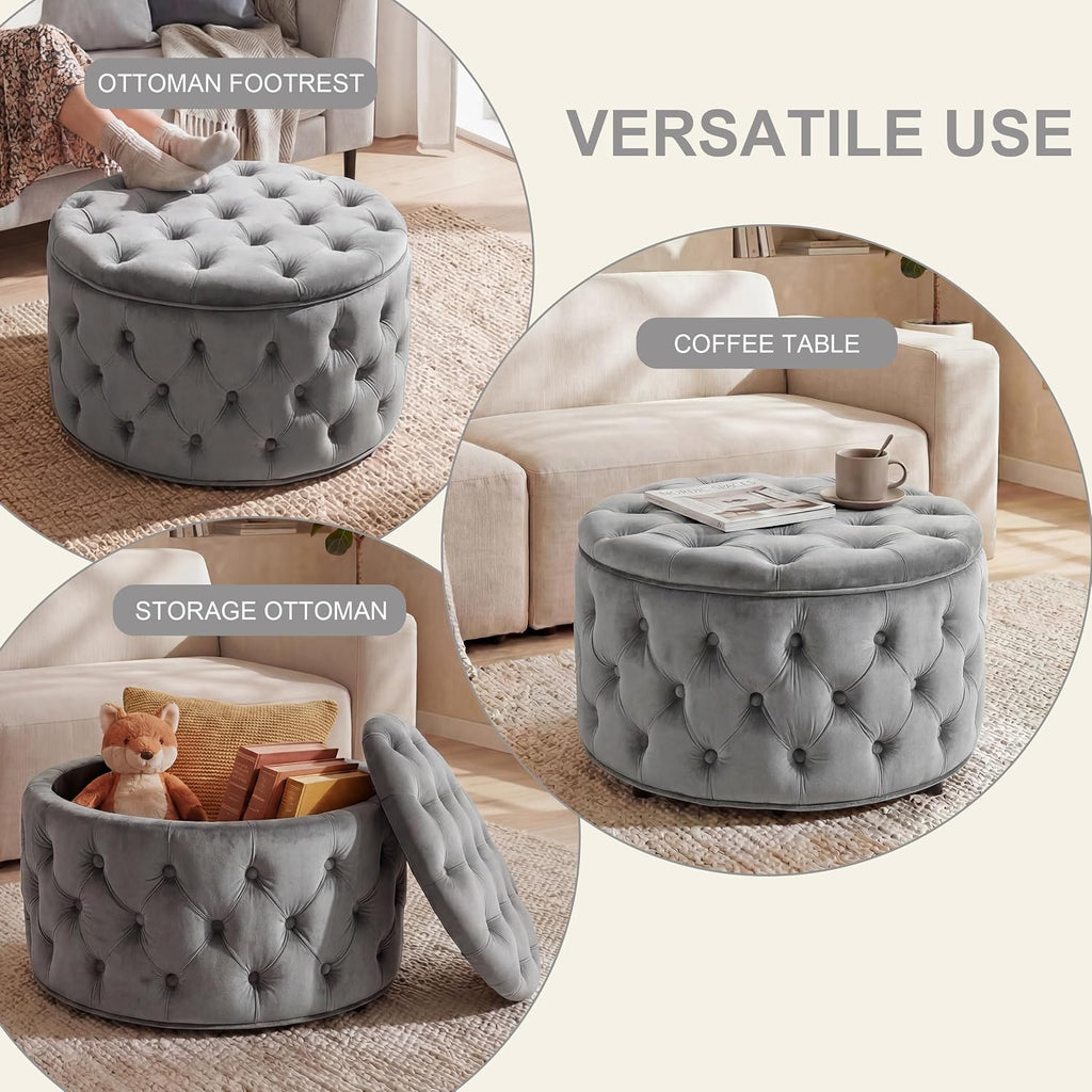 28 Inch Round Storage Ottoman, Velvet Button Tufted Ottoman, Removable Lid Coffee Table, Upholstered Hidden Storage