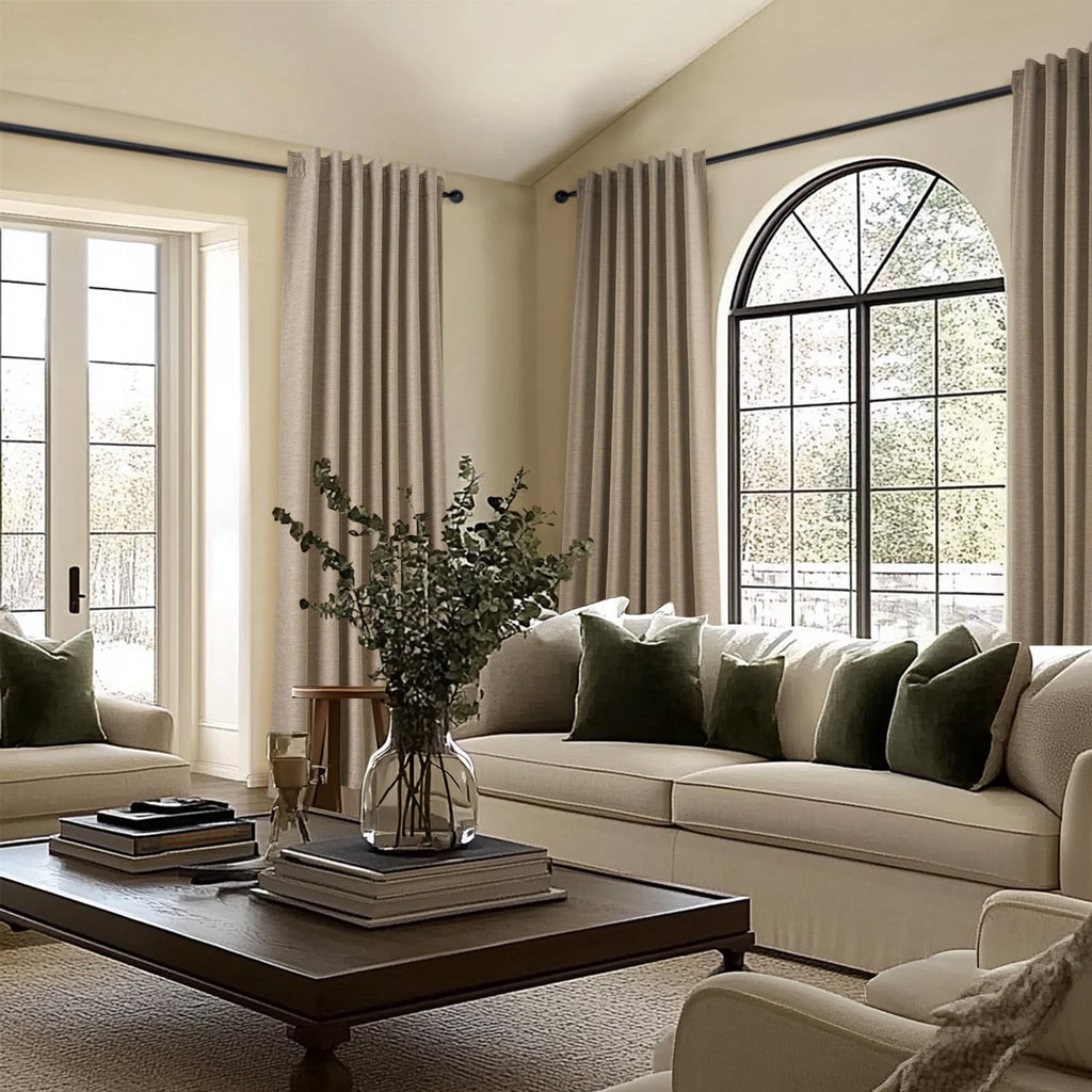 Taupe Burlap Linen Blackout Curtains 63 Inches Long 2 Panels for Small Window Boho Farmhouse Linen Blend Texture