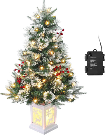3ft Prelit Snow Flocked Christmas Tree with Light Up Reindeer Box Base