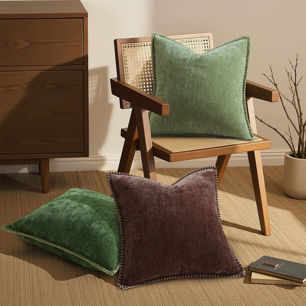 Soft Chenille Throw Pillow Covers 26x26 Set of 2 Olive Green