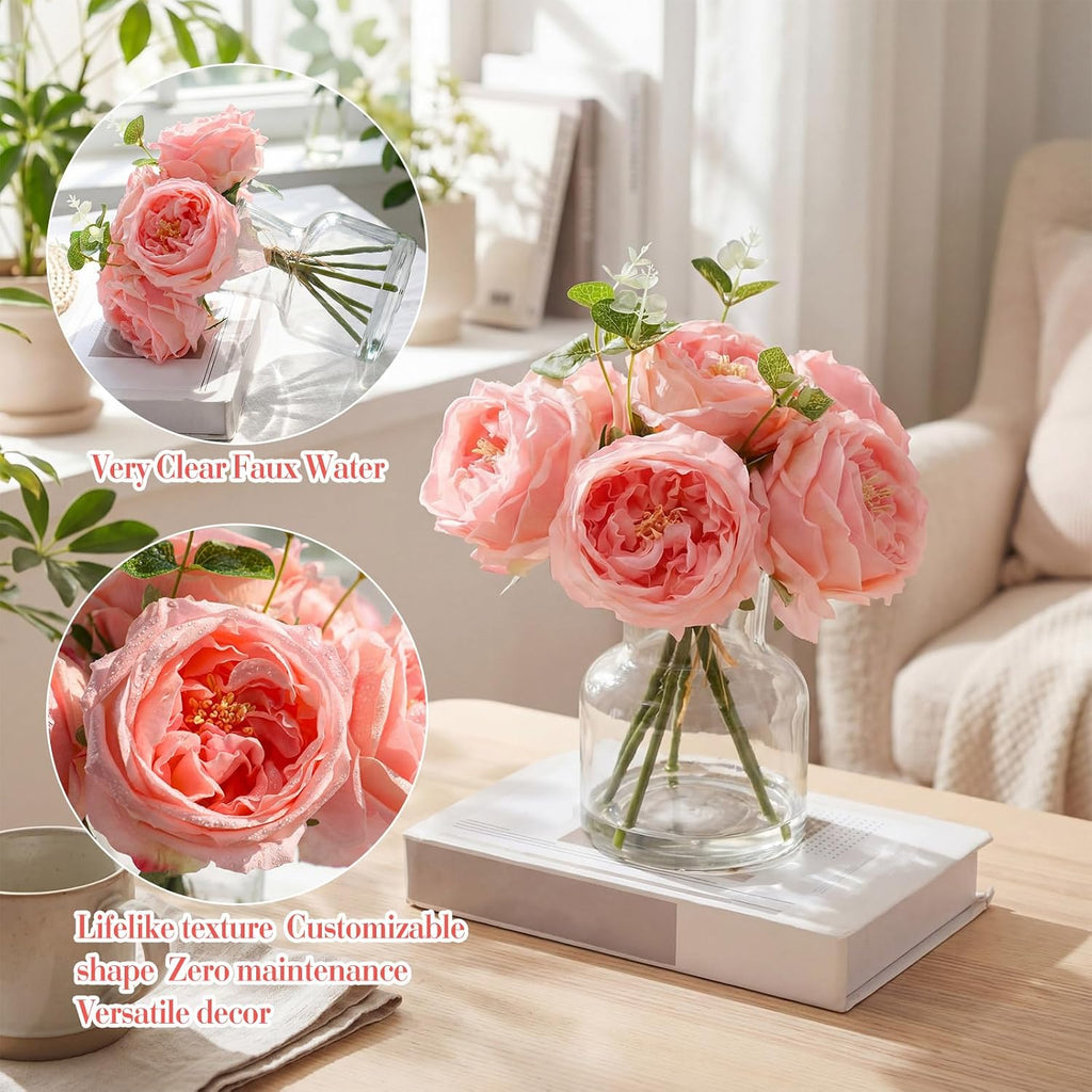 Real to Touch Penoies Artificial Flowers, Faux Austin Rose in Vase with Big Bloom and Fake Water Real Latex - Set of 6