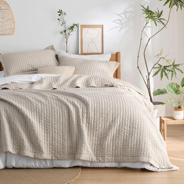 Quilts Queen - Queen Quilt Bedding Set Bedspread Coverlet Comforter, Lightweight Neutral Striped Bedding, 3-Piece Set