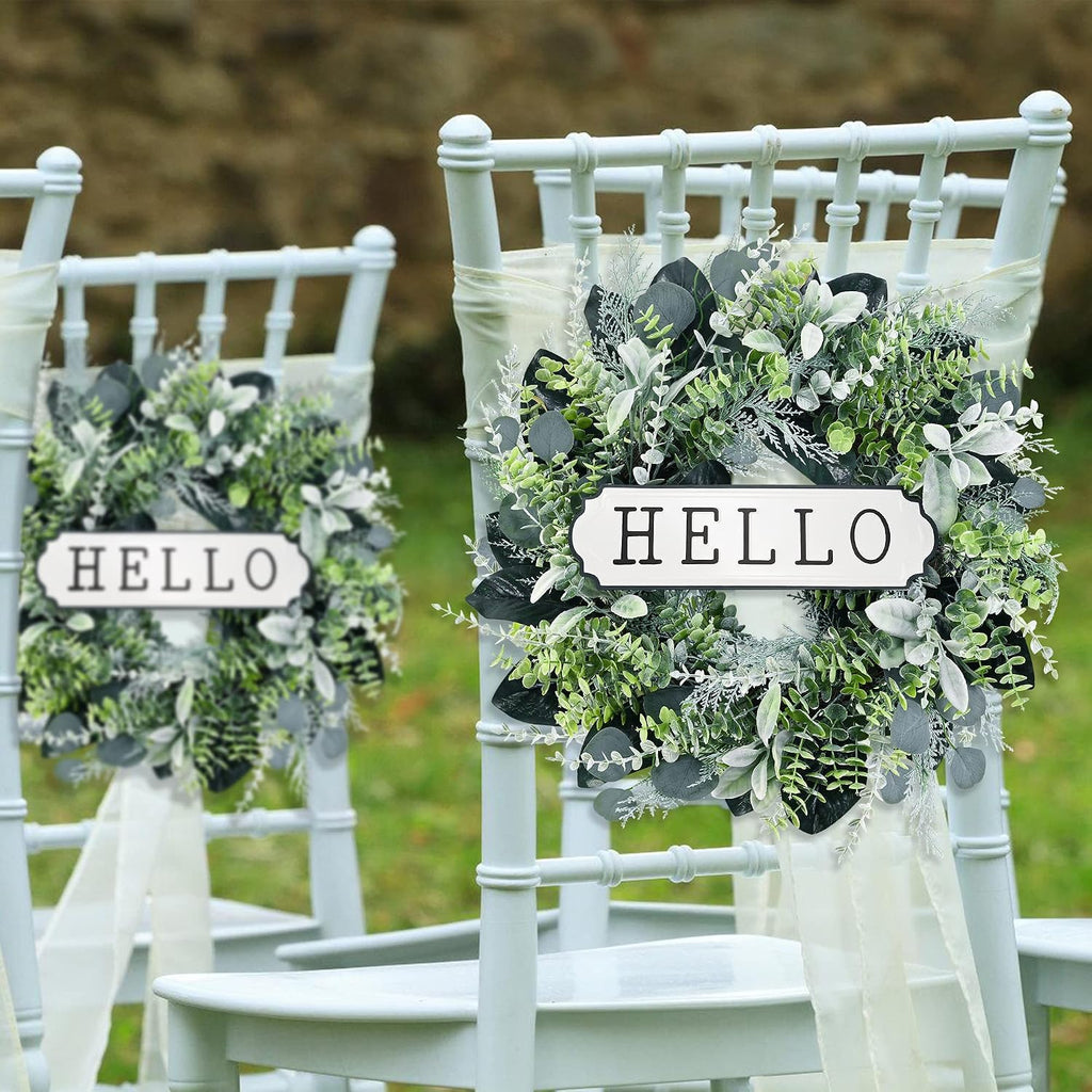 24'' Hello Door Wreath 24inch Boxwood Wreath Farmhouse Eucalyptus Flocked Lambs Ear Wreaths for Front Door Hanging