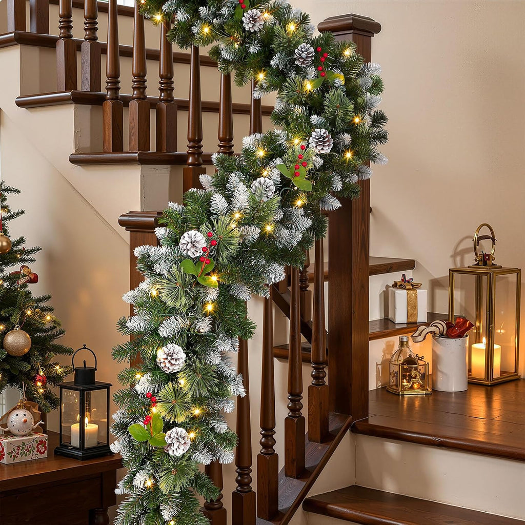 2Pcs 9FT Prelit Artificial Christmas Garland with Color Changing Lights and Timer by Batteries Operated for Mantle