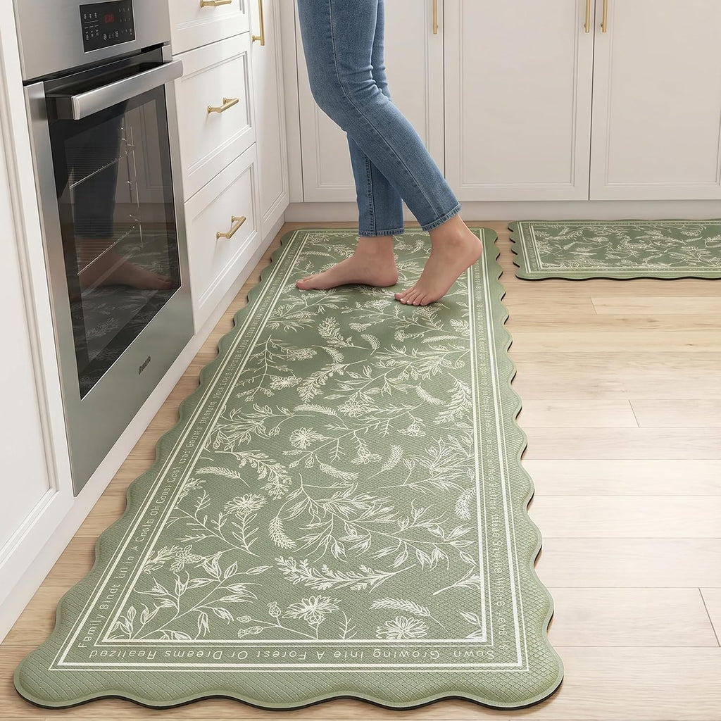 Scalloped Sage Green Minimalist Line Herb Leaves Kitchen Rug Sets [2 PCs], Anti-Fatigue, Waterproof Non-Slip Kitchen