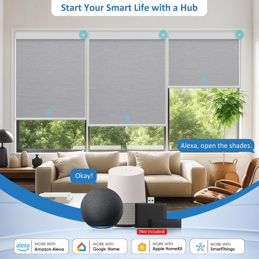 No-Drill Motorized Blackout Blinds with Remote, Grey, 34" x 72" | Tool-Free Installation, Works with Tuya & Alexa via