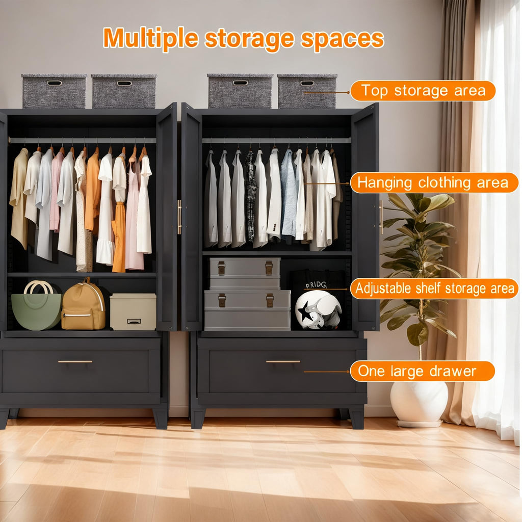 60" Tall Steel Wardrobe Closet with Hanging Rod, 2 Doors, Black