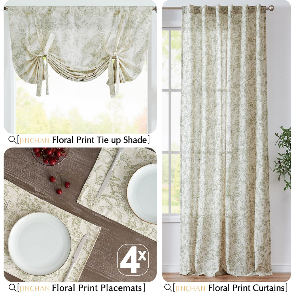 Linen Floral Placemats Set of 4 Farmhouse 13x19 Inch Green