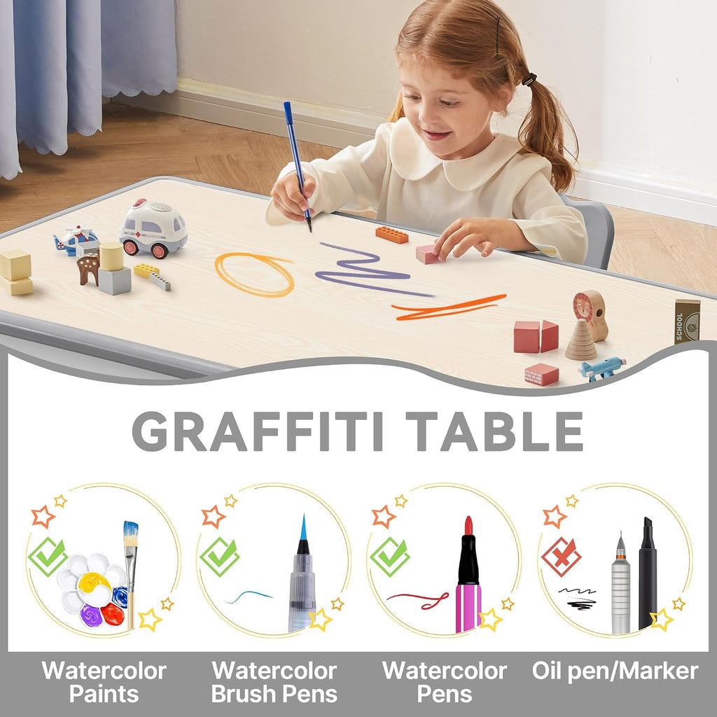 Kids Study Table and Chairs Set, Height Adjustable Toddler Table and Chair Set for Kids Ages 3-8, 23.6" L x 23.6" W
