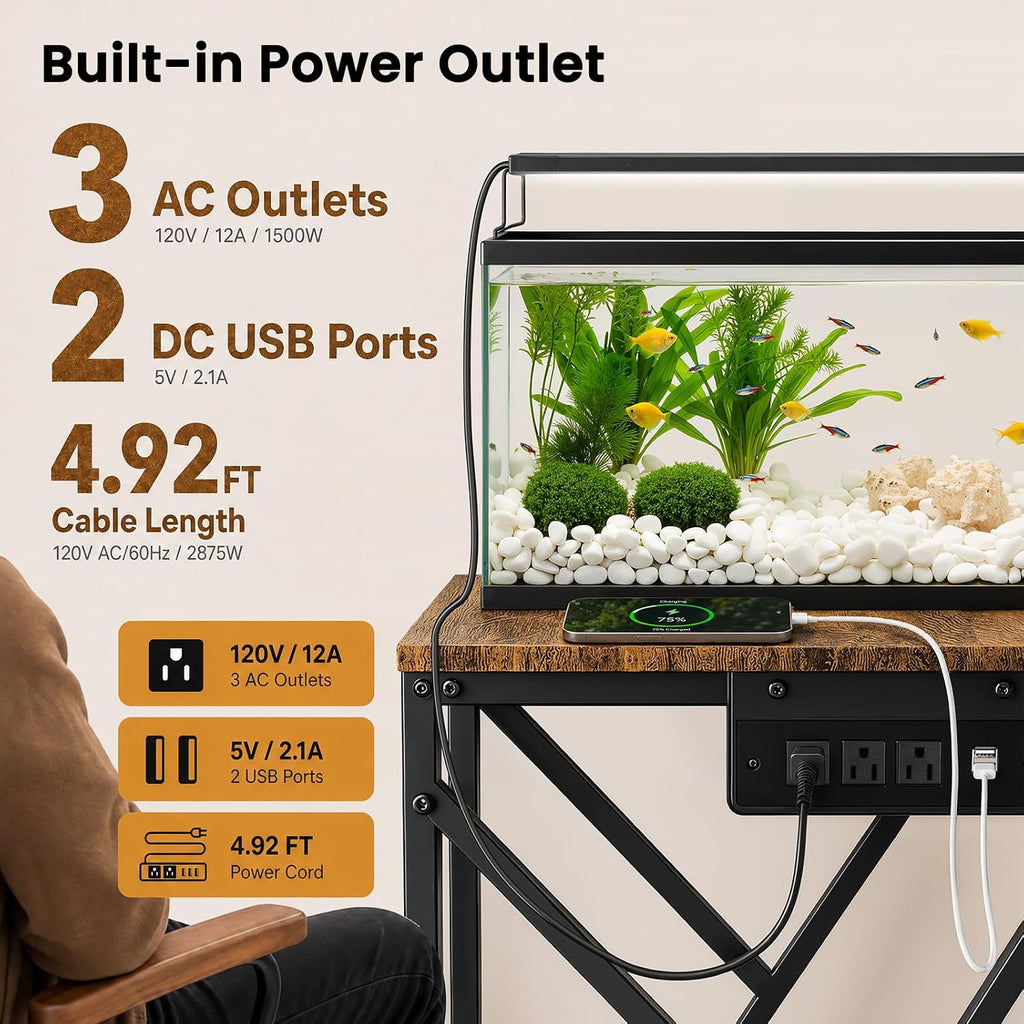 Heavy Duty 50Gal Aquarium Stand, 3 Outlets & 2 USB Ports, Brown