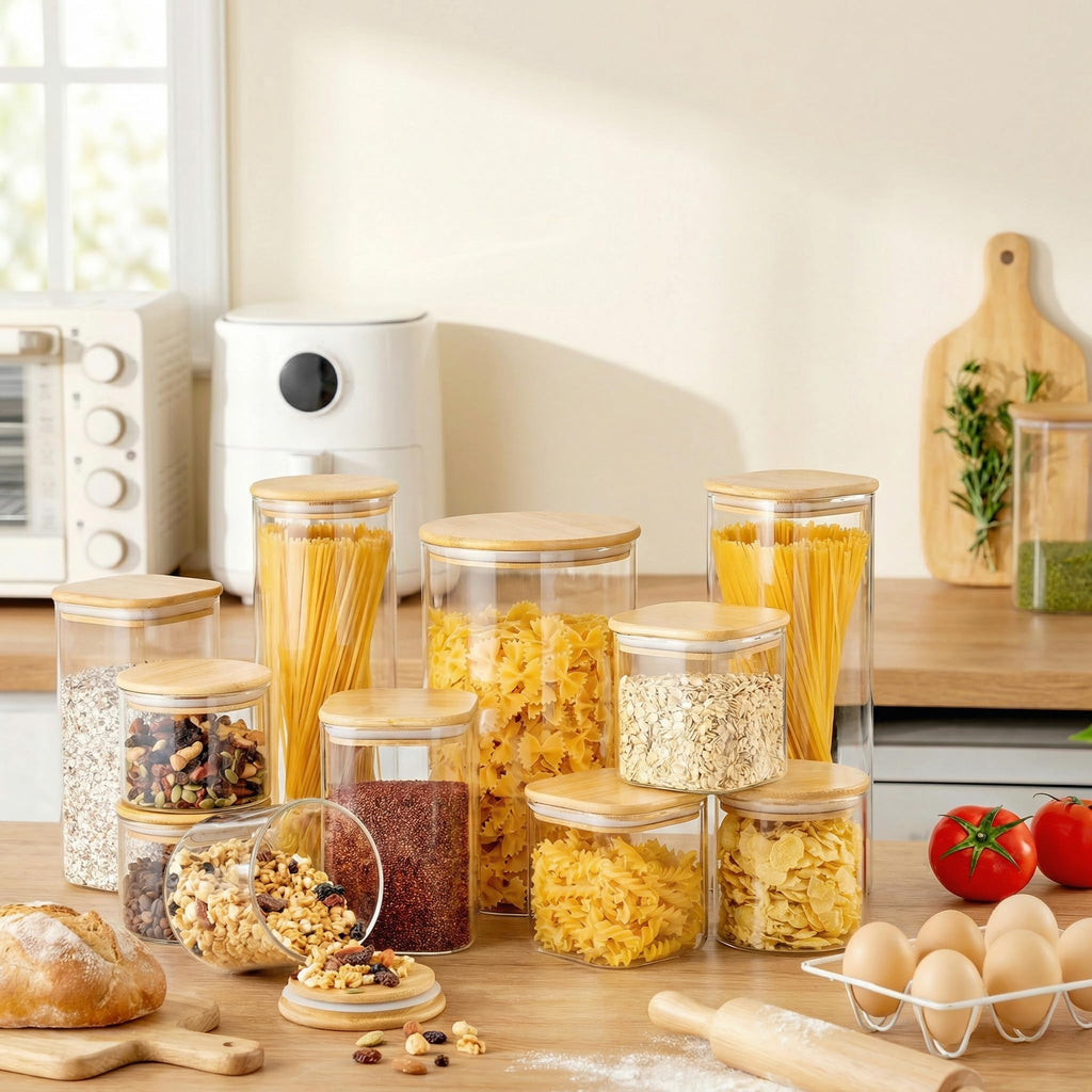 Square Glass Jars with Bamboo Lids [Muti Size Set of 5], Glass Canisters with Airtight Lids, Glass Food Storage