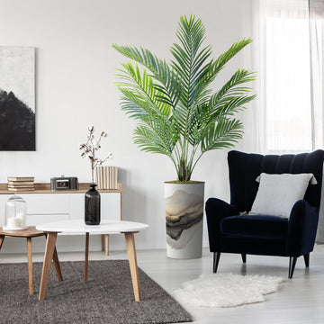 Artificial Tree in Flowing Black & White Smoke Abstract Shapes Planter, Fake Areca Tropical Palm Silk Tree for Indoor