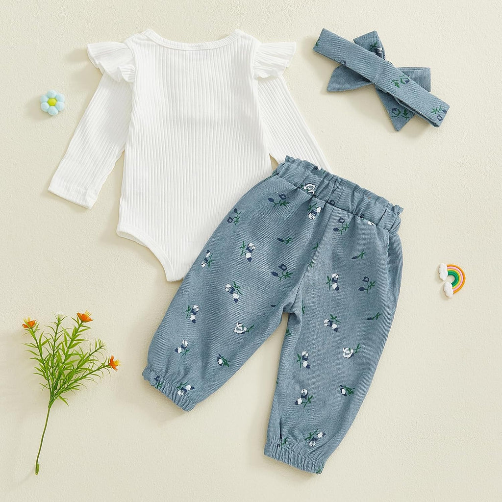Baby Girl 3pcs Outfit Set Ribbed Bodysuit Floral Bow Jogger Pants