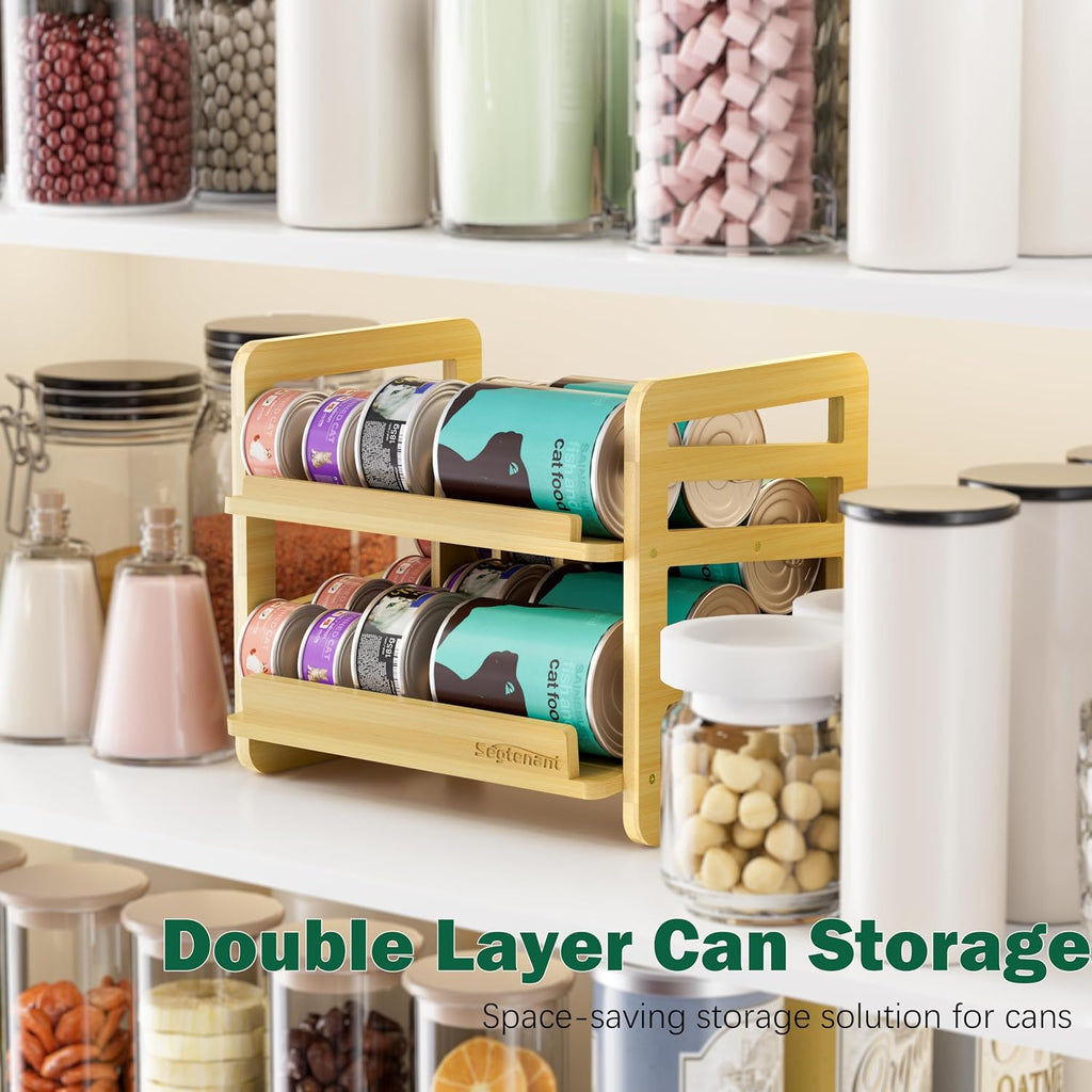 Rolling Bamboo Cat Food Can Organizer, 2-Layer Wet Cat Food Storage Container Holds 42 (3oz) Cans, Canned Cat Food