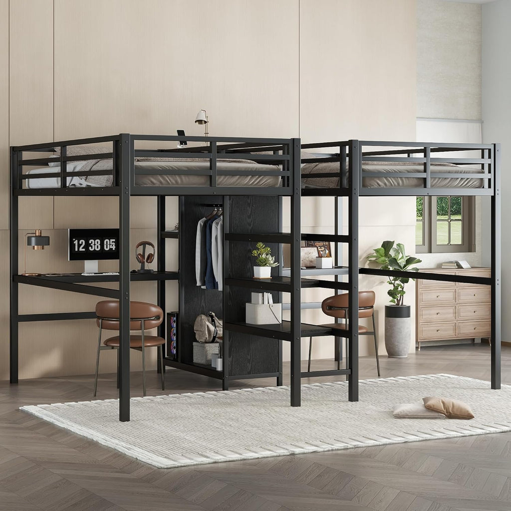 Twin Over Twin Metal Loft Bed with Desk and Wardrobe for 2 Kids,Twin Heavy Duty Double Loft Bed Frame with Charging