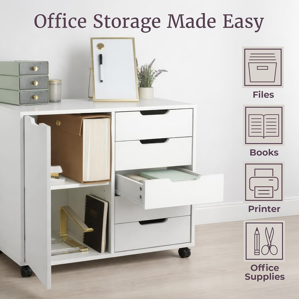 5 Drawer Office Storage Cabinet - Wooden Lateral File Cabinet with 5 Drawers, Door, and Adjustable Shelves - Rolling