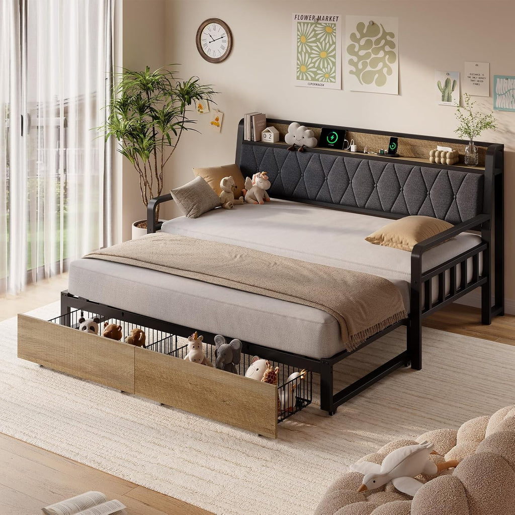 Twin Daybed with Pop up Trundle, Twin to King Daybed, Black | Metal Twin Day Bed Frame with Storage Drawers
