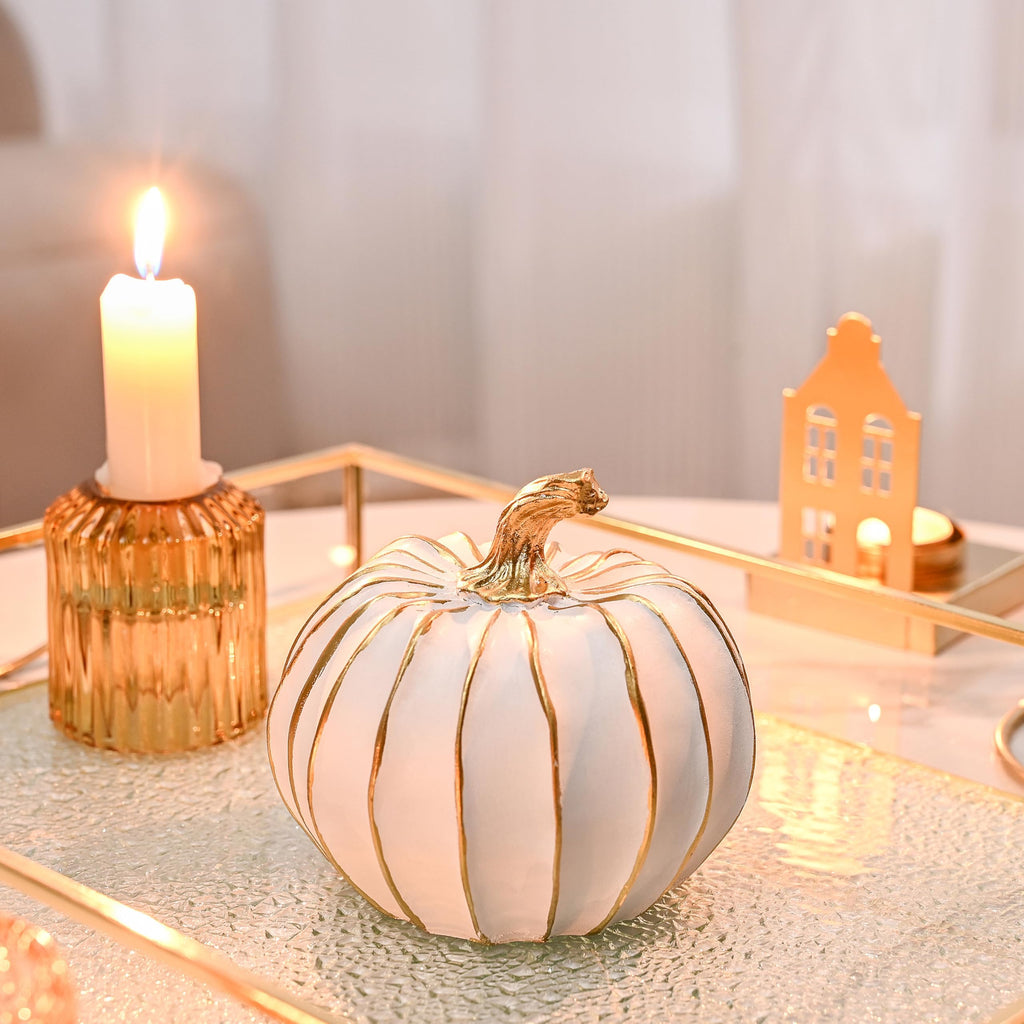 Fall Pumpkin Decor, 2Pcs Resin Thanksgiving Fake Pumpkin Figurines
