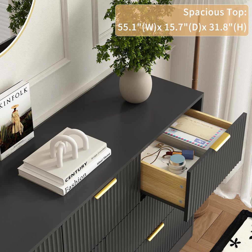 7 Drawer Fluted Dresser with Deep Drawers, Black丨55 Wide Mid Century Dresser, Modern Chest of Drawers, Wood TV Stand