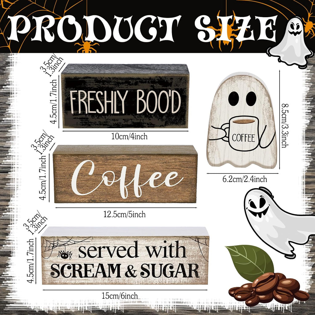 Halloween Coffee Table Decor Wooden Ghost Coffee Bar Sign - Set of 4