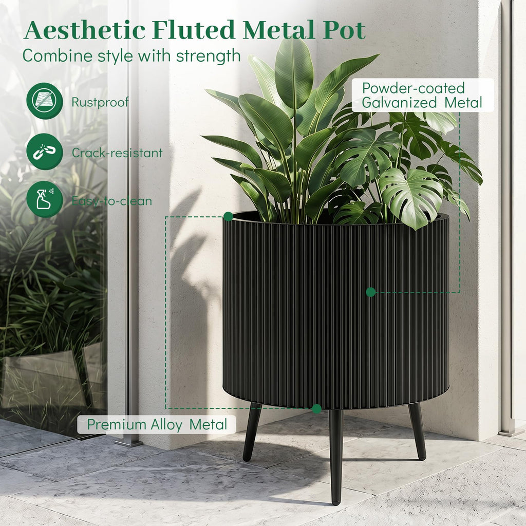 20 Inch Plant Pot w/ Stand Set 2, Mid-Century Modern Fluted Planter
