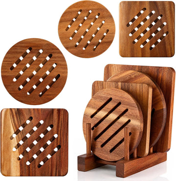 Acacia Trivet Mat and Trivet Holder Set 5.8 inch 7 inch Thicken Acacia Wood Hot Pads Trivets Heat Resistant - Set of 5