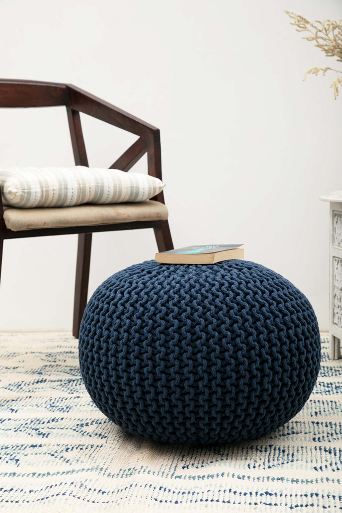 Round Blue Pouf - Hand Knitted Cotton Braid Cord Dori Ottoman