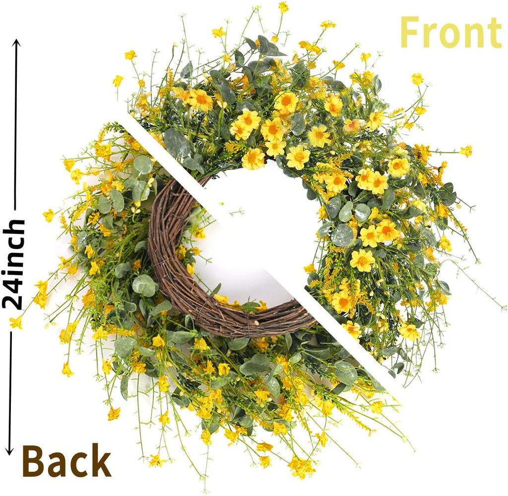 Yellow Daisy Wreath 24 Inch Spring Summer Wreath Fake Silk Floral Wreath with Green Eucalyptus Leaves and Lavender
