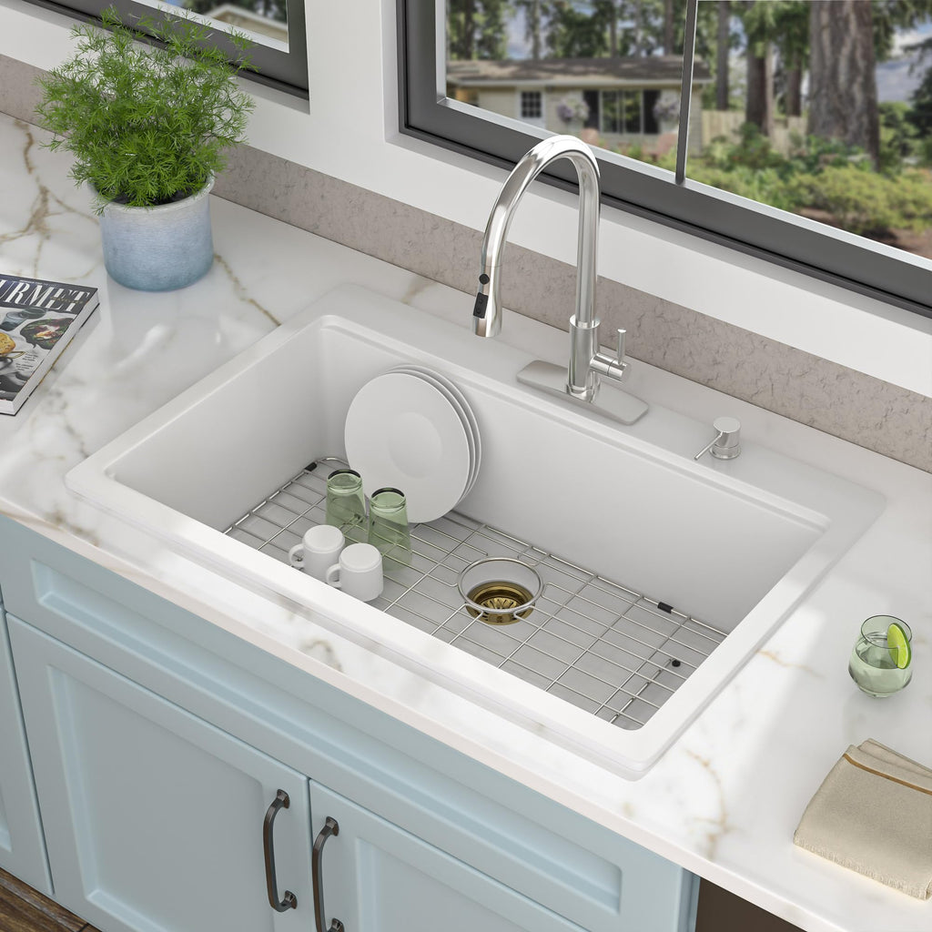 33"x22" Granite Composite - Ledge Workstation Drop In Topmount White Quartz Classic Above Counter Single Bowl Basin