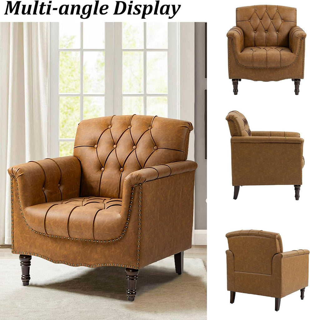 Faux Leather Accent Chairs, Comfy Club Armchair, Camel - Set of 2
