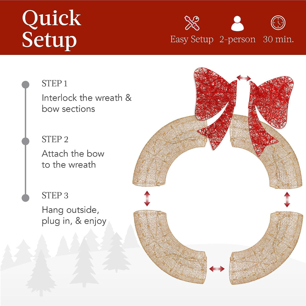 30in Pre-Lit Outdoor Christmas Wreath Decoration, LED Metal Holiday Decor w/ 100 Lights, Bow - Gold/Red