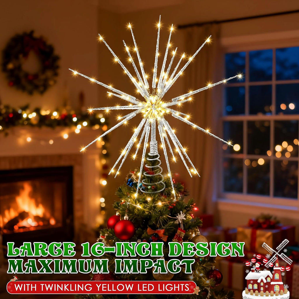 LED Starburst Christmas Tree Topper with Timer, Silver, 16inch